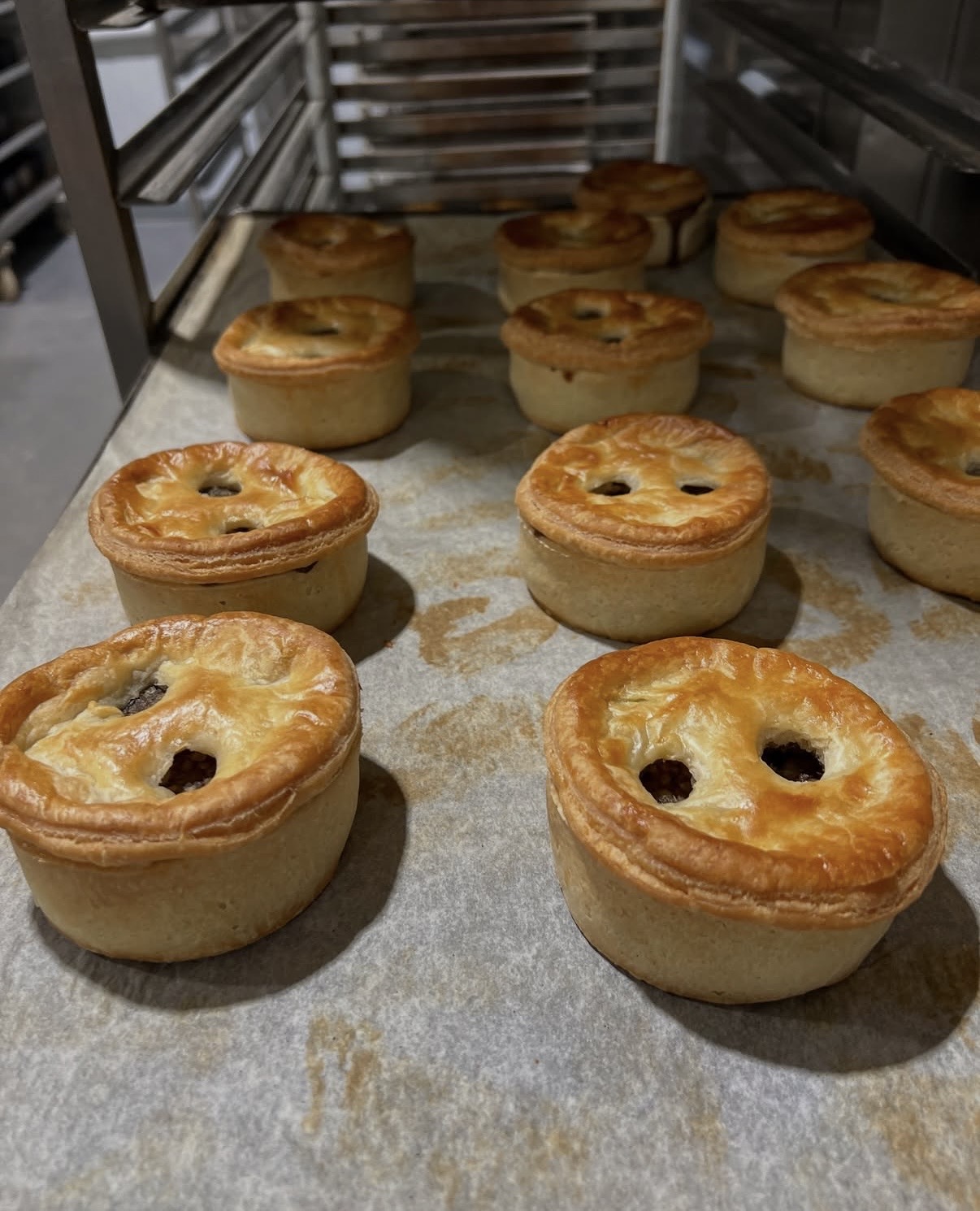 Golden pastry pies on a bakery tray